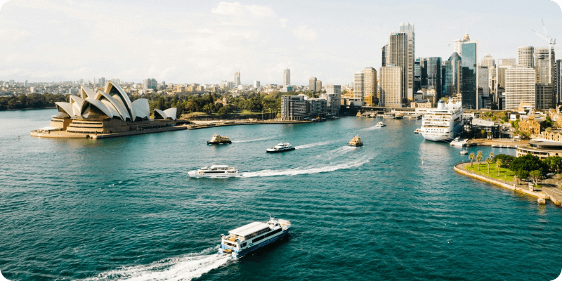 Sydney skyline with international students